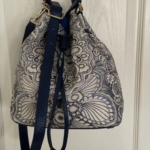 Furla Navy and Cream Paisley/Floral Bucket Bag w Crossbody strap